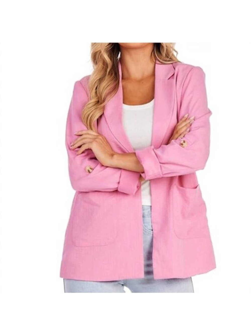 Pink Mudpie Womens Open Front Lyra Blazer Size L Career Casual Roll Tab Sleeve